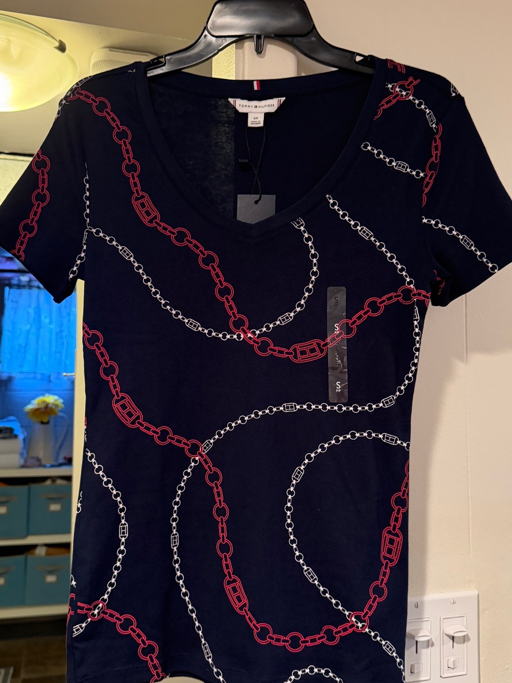 Tommy Hilfiger Navy Short Sleeve V-Neck Chain Print Tee